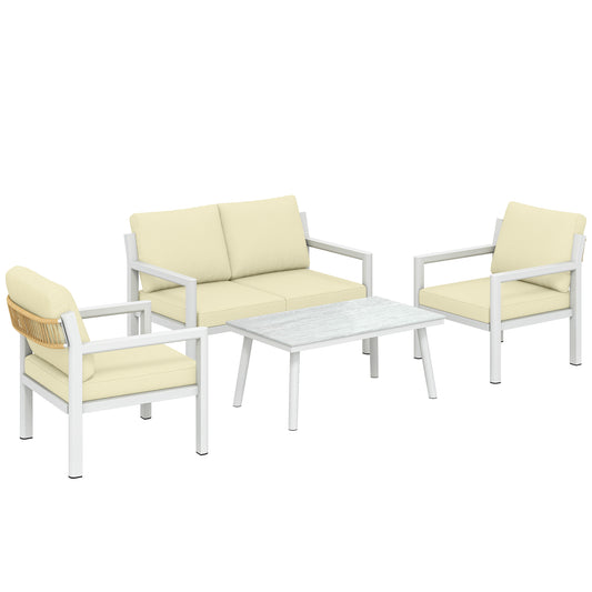 Outsunny 4 Seater Rattan Garden Furniture Set with 2 Armchairs, Loveseat, Coffee Table, Garden Sofa Set with Cushions, Cream