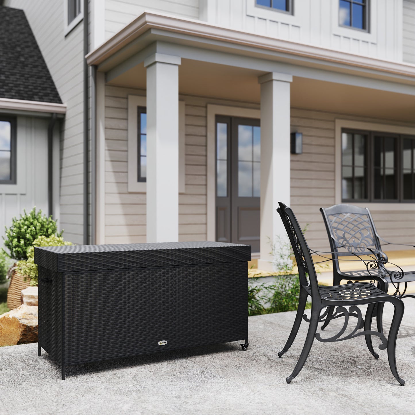 Outsunny - 627L Rattan Garden Storage Box, with Wheels, Black