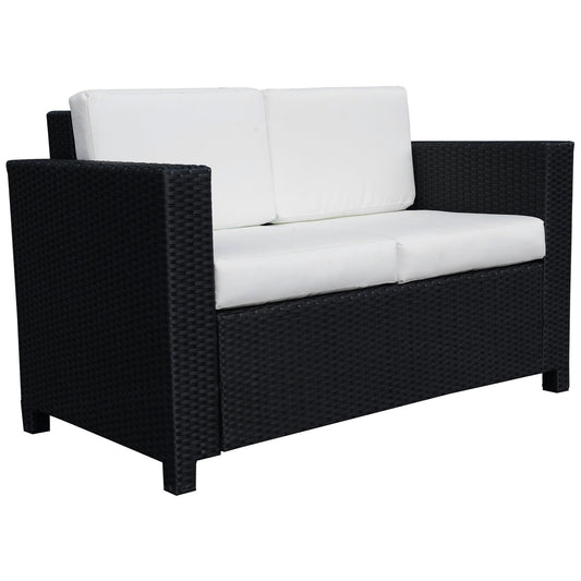 Outsunny Rattan Sofa, 2 Seater Garden Furniture with Soft Padded Cushion and Armrests, Wicker Garden Loveseat for Patio, Black