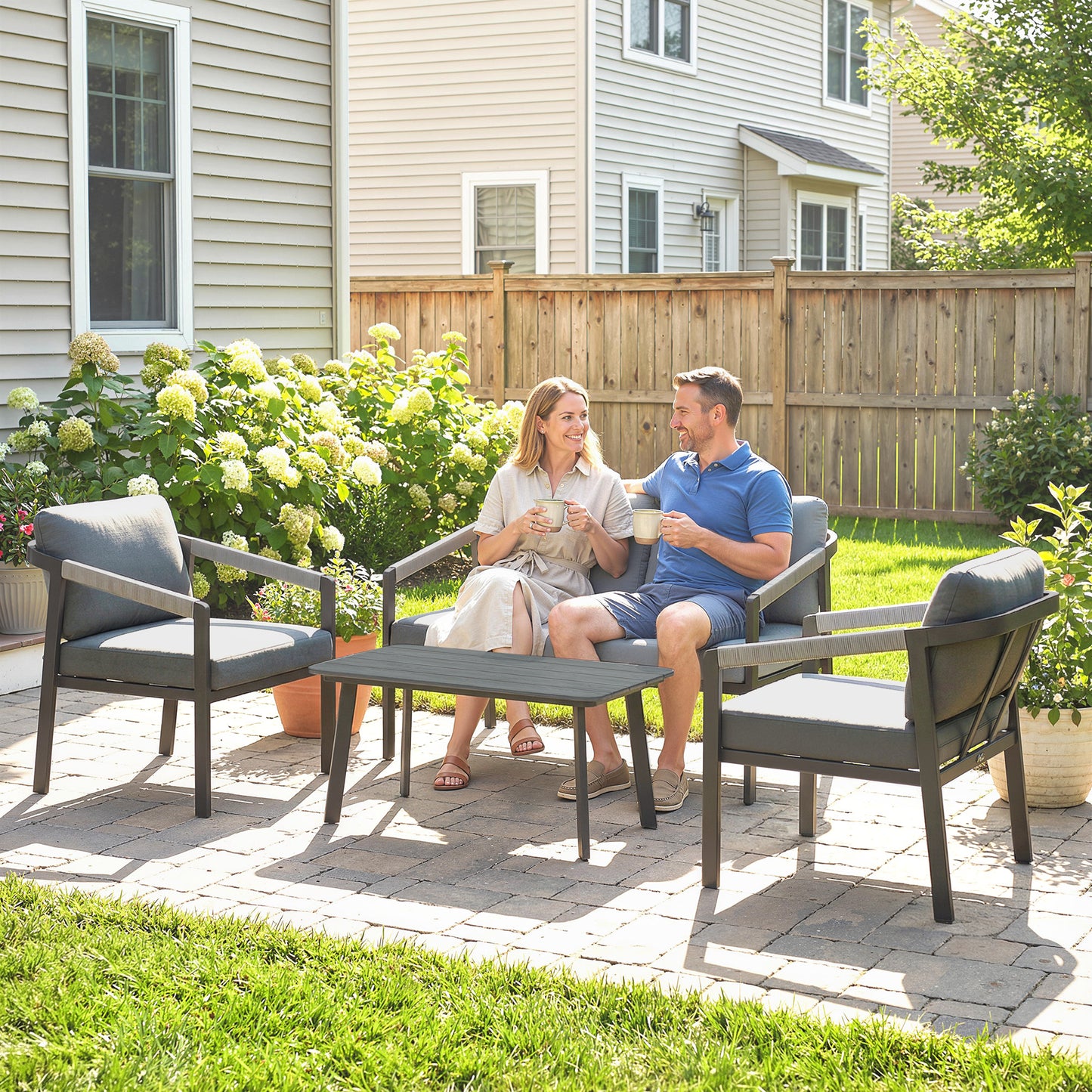 Outsunny Aluminium Garden Furniture Set, 4 Seater Outdoor Patio Furniture with Loveseat, 2 Armchairs, Slatted Table