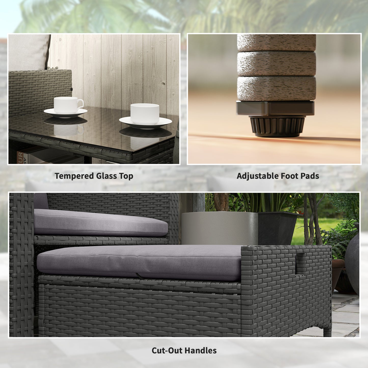 Outsunny Five Piece Rattan Garden Furniture Set with 2-Tier Coffee Table and Ottomans - Grey