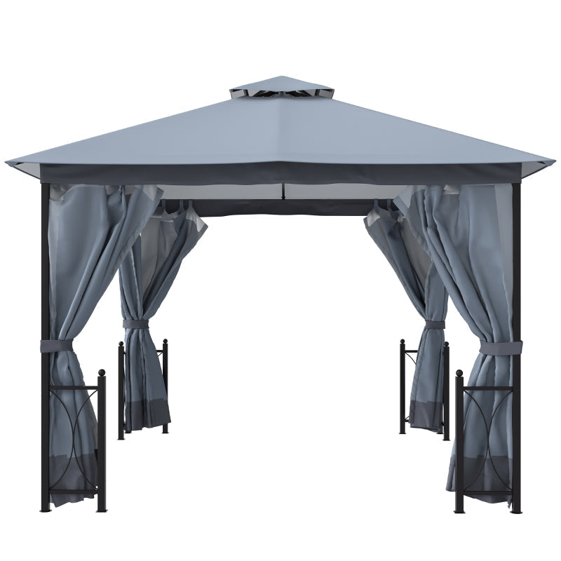 4m x 3.35m Grey Garden Gazebo with Ventilated Double-Tier Canopy & Privacy Side Panels