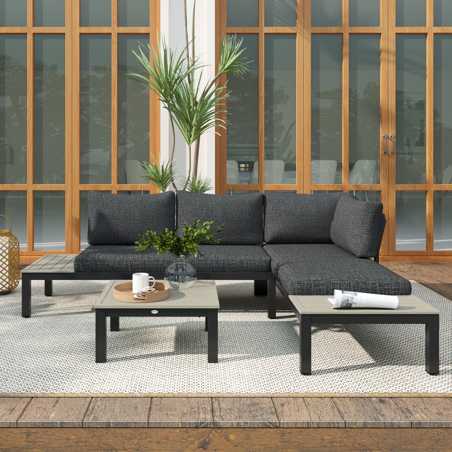 Outsunny 3 Pieces Garden Furniture Set, Aluminium 4 Seater Corner Sofa Set with 2 Loveseats, Coffee Table and Side Trays, Outdoor Conversation Furniture with Cushions for Garden, Dark Grey