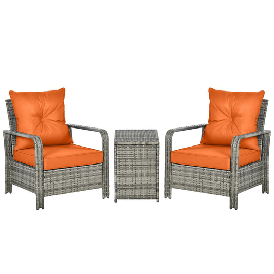 Outsunny 3 Pieces Rattan Bistro Set, Wicker Garden Furniture Set with 72 L Storage Coffee Table and Chairs, Orange