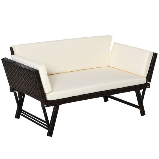 Outsunny 2-Seater 2-in-1 Rattan Convertible Sofa Daybed, Brown