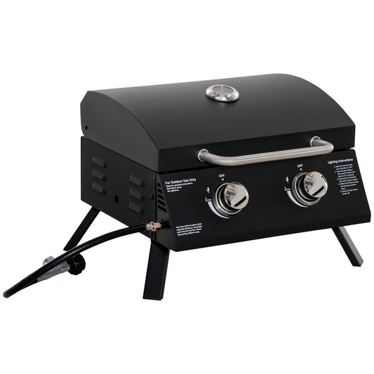 Outsunny 2 Burner Gas BBQ Grill, 5.8 kW Outdoor Portable Folding Tabletop Barbecue w/ Lid, Thermometer, Carbon Steel, Black