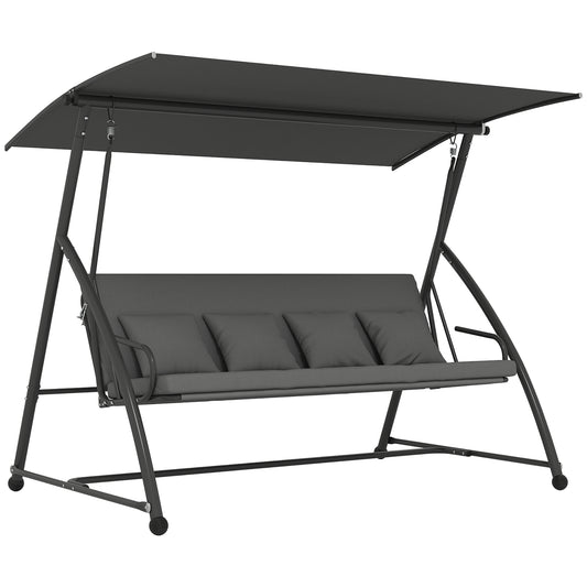 Outsunny Outdoor 2-in-1 Swing Chair Lounger 3 Seater Garden Swing Seat Bed Convertible Tilt Canopy W/ Cushion, Dark Grey
