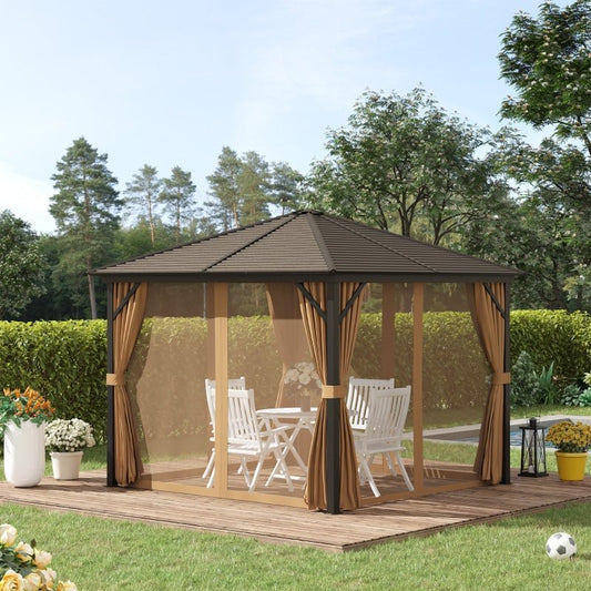 3m x 3m Brown Hardtop Garden Gazebo with Steel Roof, Privacy Curtains & Insect Netting