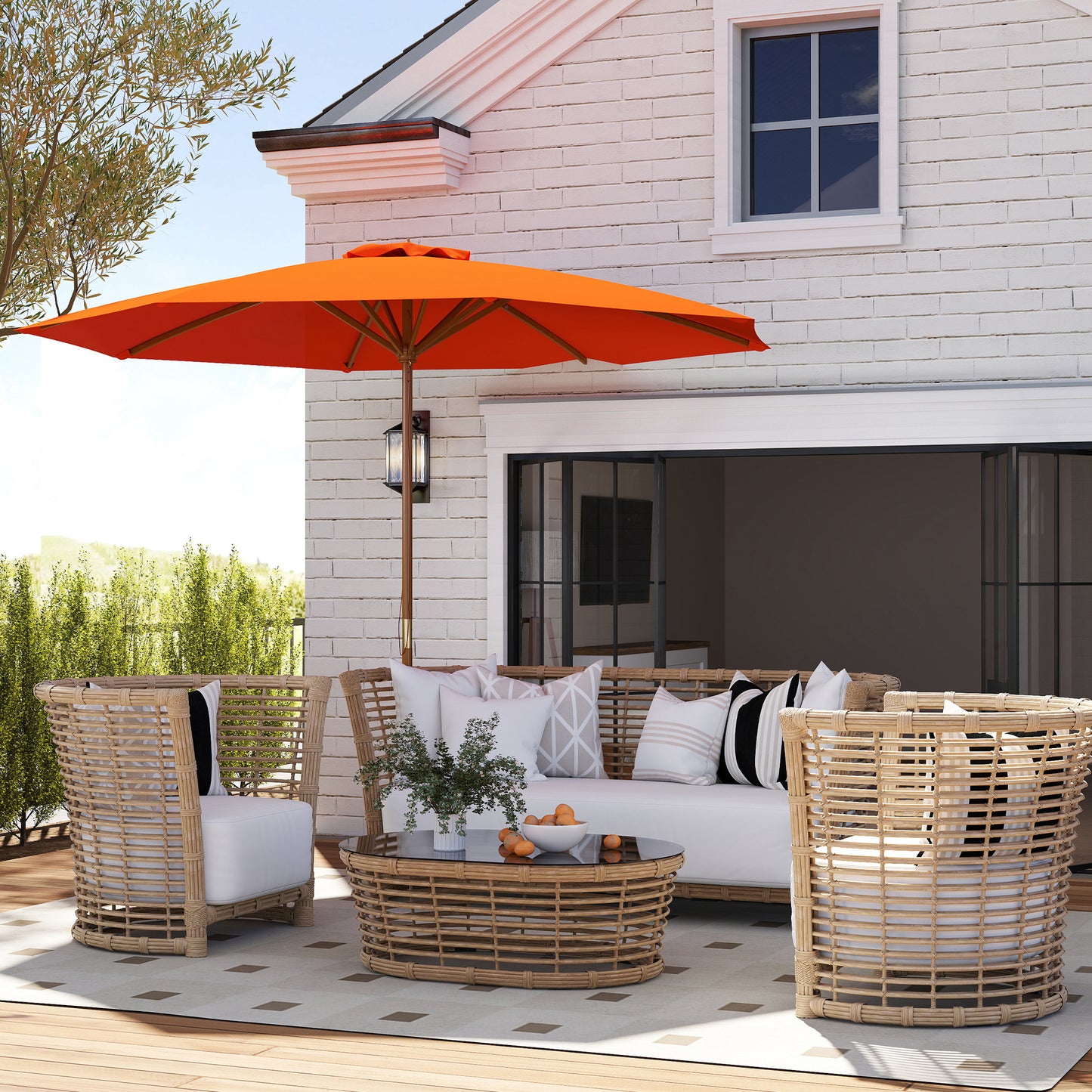 Outsunny 3m Wood Pole Parasol Umbrella - Orange