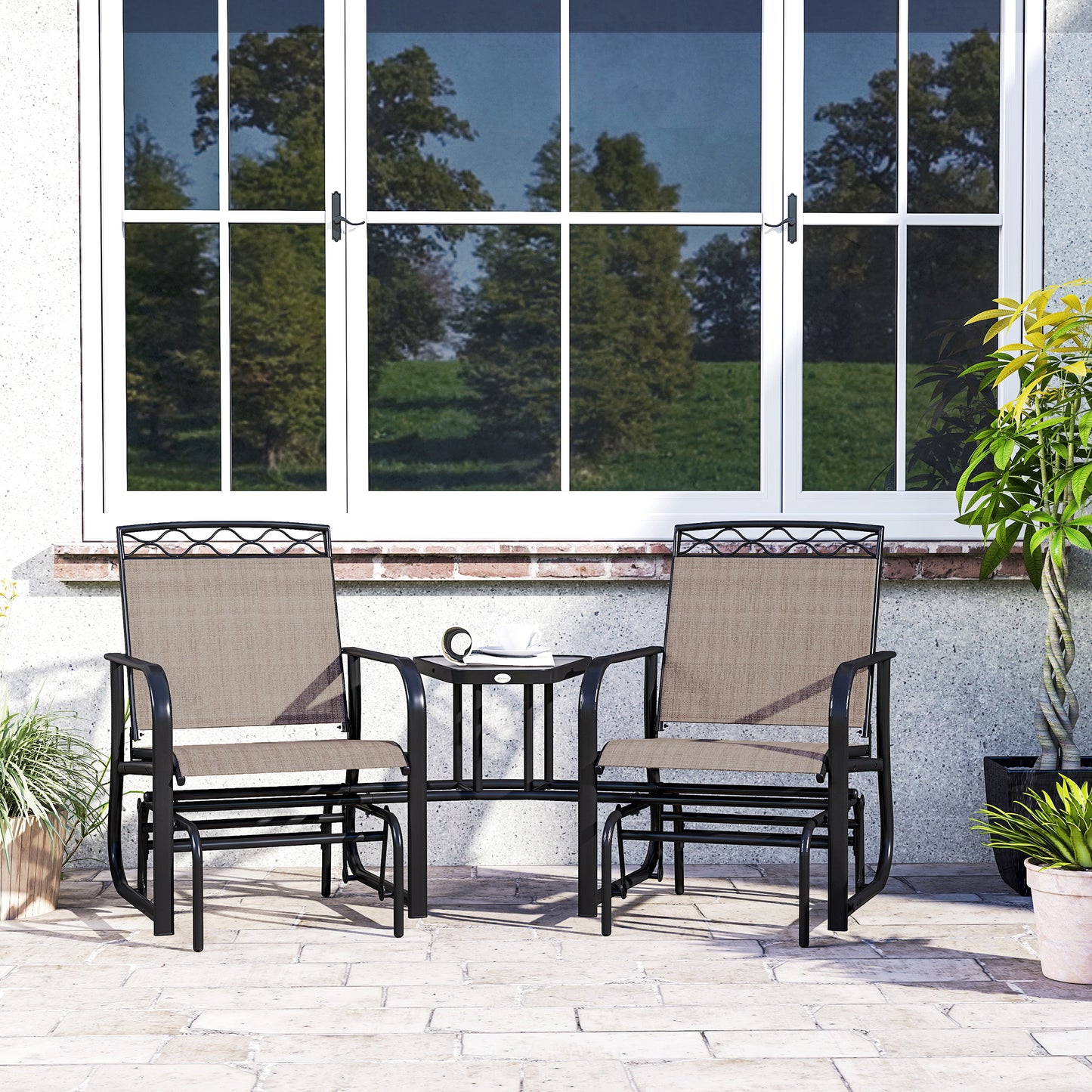 Outsunny Double Outdoor Glider Chair, 2 Seater Patio Rocking Chairs, Swing Bench with Tempered Glass Table, Breathable Mesh Fabric for Backyard, Garden, Porch, Brown