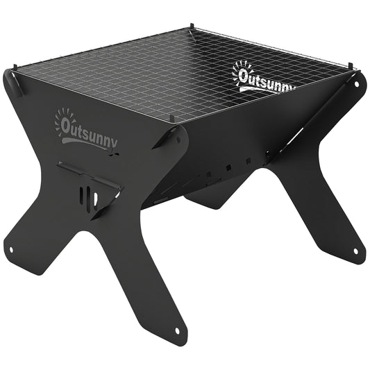 Outsunny 2-In-1 Portable BBQ Grill and Camping Fire Pit, Tabletop Charcoal Barbecue Grill with Gripper, Gloves and Carry Bag