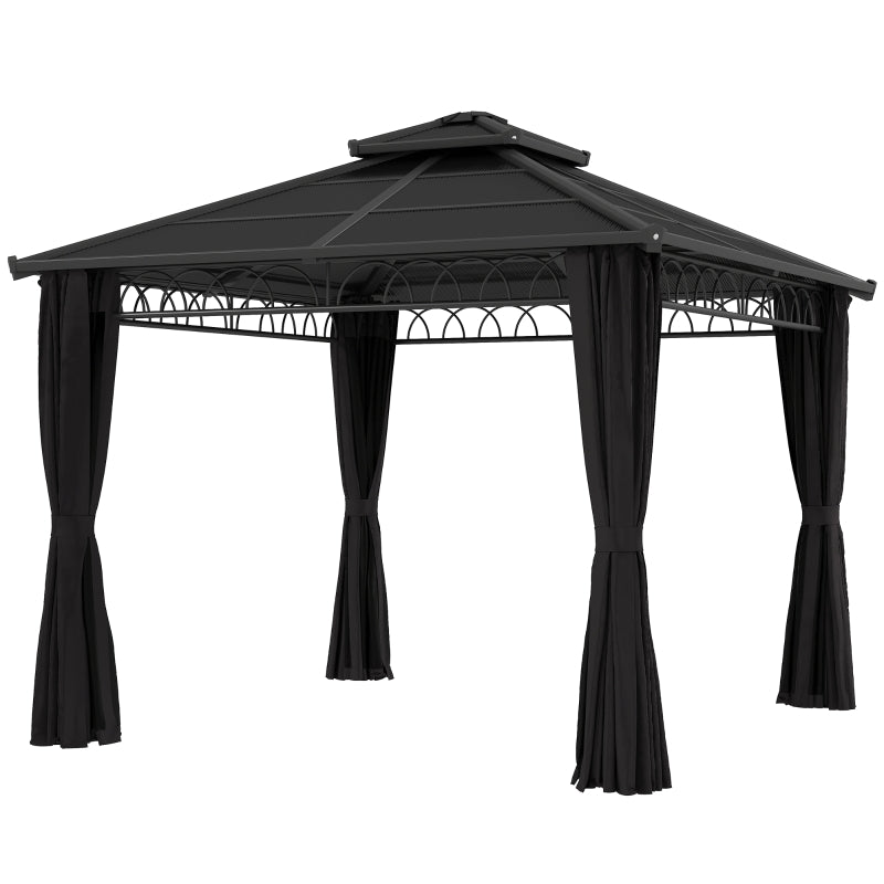 3m x 3m Dark Grey Hardtop Garden Gazebo with Polycarbonate Double Roof, Steel Frame, Privacy Curtains & Insect Netting Outdoor Pavilion