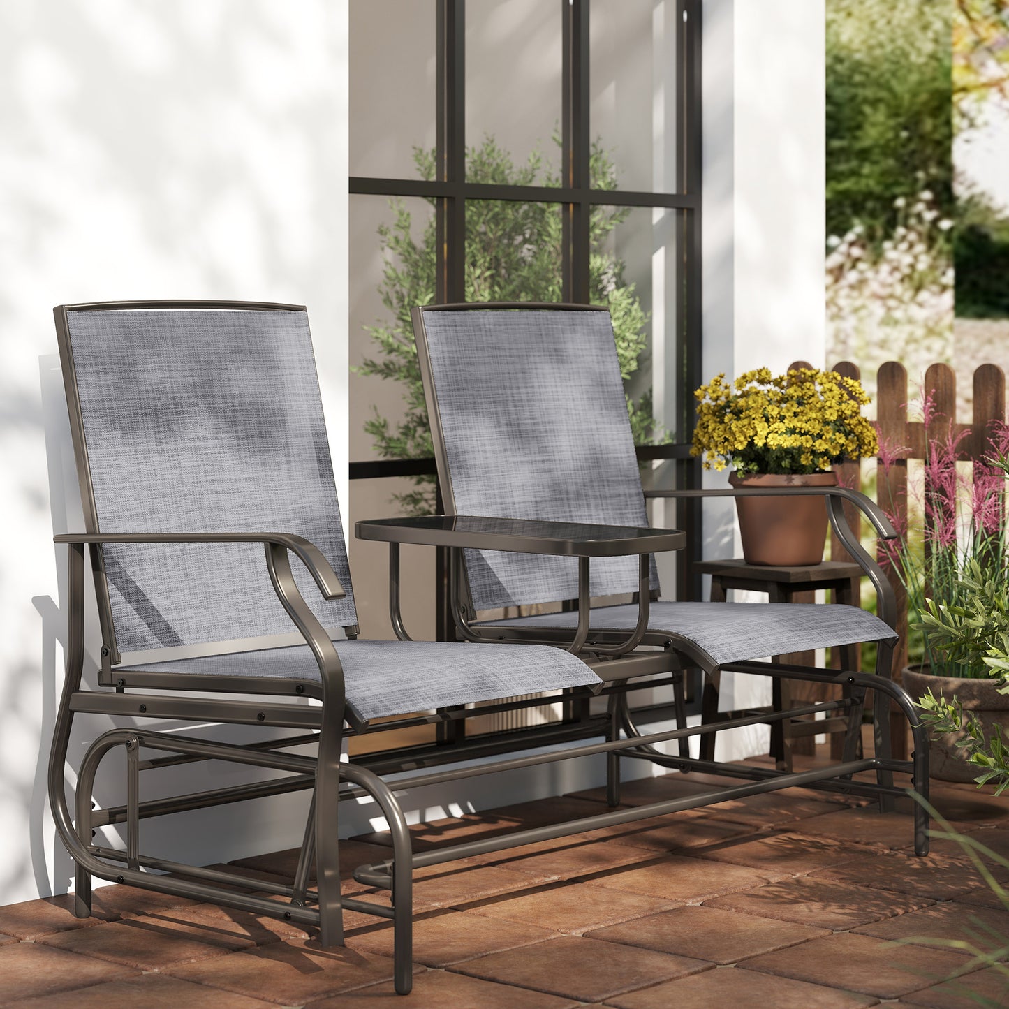 Outsunny 2 Seats Garden Glider Bench, Metal Frame Loveseat with Glass Top Centre Table, Porch Rocking Glider for 2 Person, for Deck, Patio, Brown/ Grey