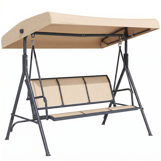 Outsunny 3 Seater Swing Chair, Garden Swing Bench with Adjustable Tilting Canopy, Breathable Mesh Seat and Heavy Duty Steel Frame for Patio, Yard, Beige