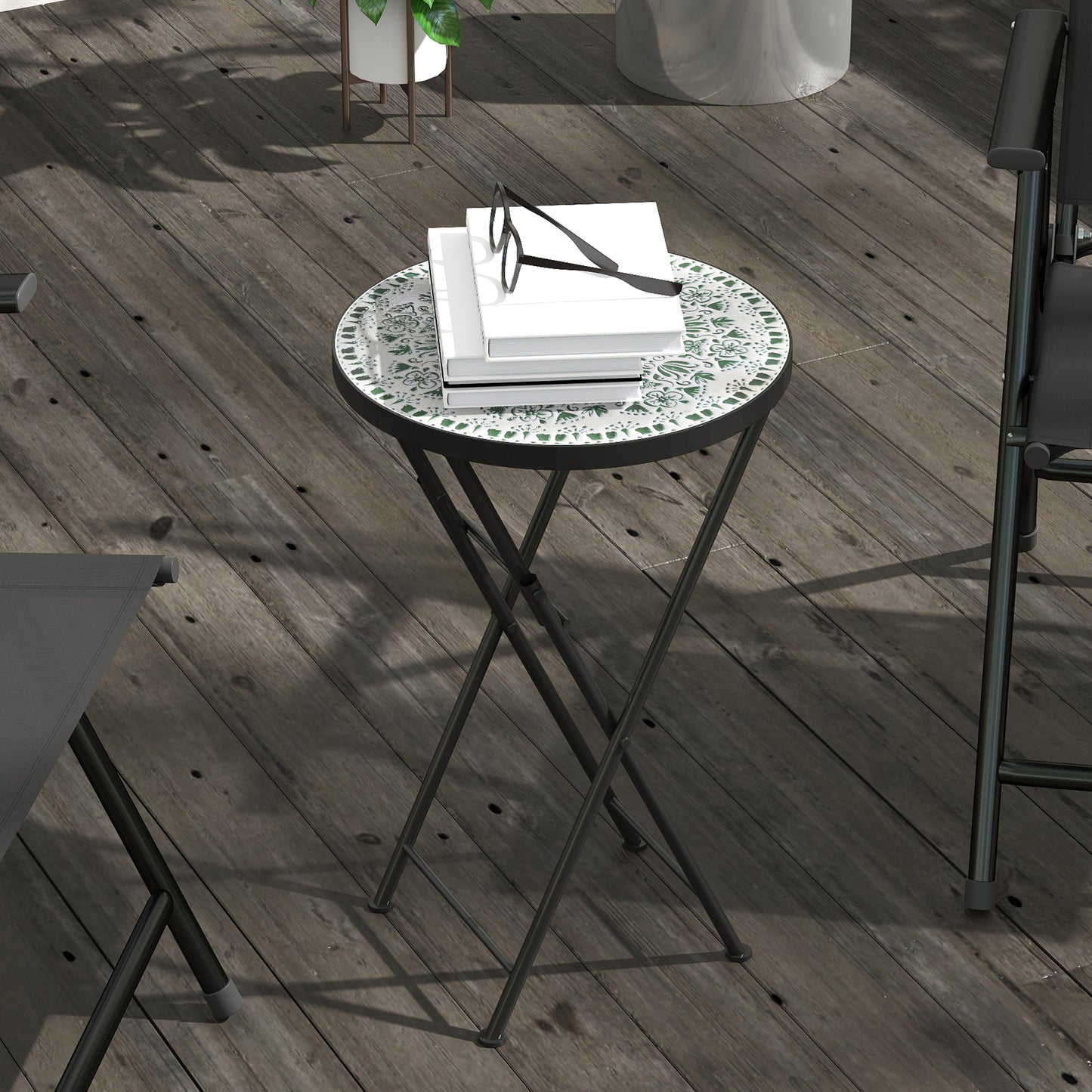 Outsunny Mosaic Outdoor Garden Table, 35.5cm Round Folding Coffee Table with Metal Frame for Balcony Terrace, Green