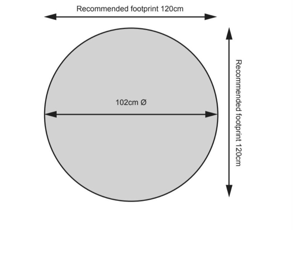 Diagram illustrating the dimensions of a product with a circular base, measuring 102 cm in diameter. The recommended footprint is 120 cm by 120 cm for optimal placement.
