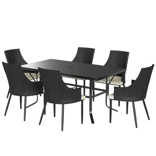 Outsunny 6 Seater Rattan Dining Set with Cushions, Garden Furniture Set with Armchairs, Rectangle Slatted Table Top, Steel Frame, Parasol Hole, Wicker Outdoor Furniture for Patio, Balcony, Cream White