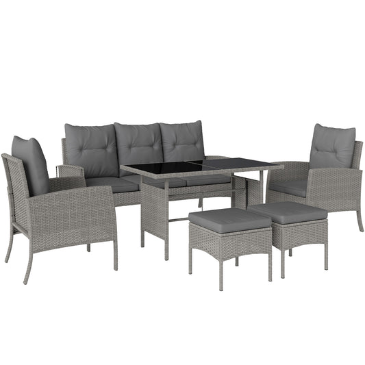 Outsunny 7 Seater Rattan Garden Furniture Set, 6 Piece Patio Dining Set, Armchairs, 3-Seater Sofa, Footstools, Glass Dining Table, Cushions, Wicker Outdoor Furniture for Conservatory Patio, Grey