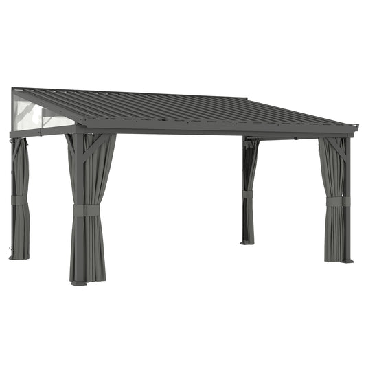 Outsunny 4.3 x 3 m Garden Pergola with Galvanised Steel Roof, Lean to Pergola Gazebo with Netting Curtains, Dark Grey