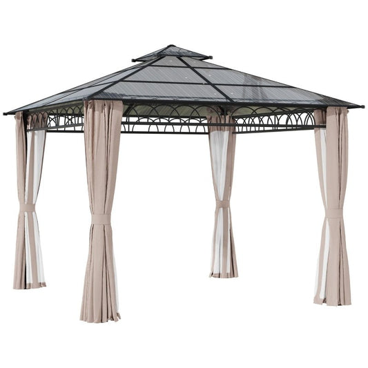 3m x 3m Hardtop Garden Gazebo with Double – Tier Polycarbonate Roof, Privacy Curtains & Insect Mesh Sides