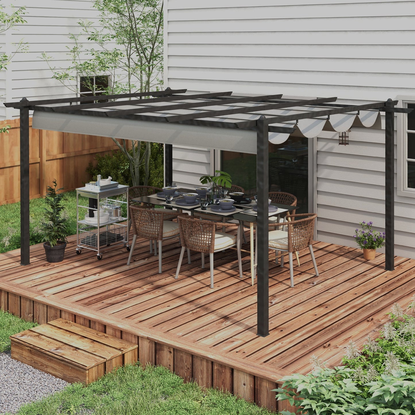 Outsunny 4 x 3m Aluminium Pergola with Retractable Roof, Modern Outdoor Gazebo Canopy Shelter for Patio Lounge, Garden Dining & Outdoor Living, Grey