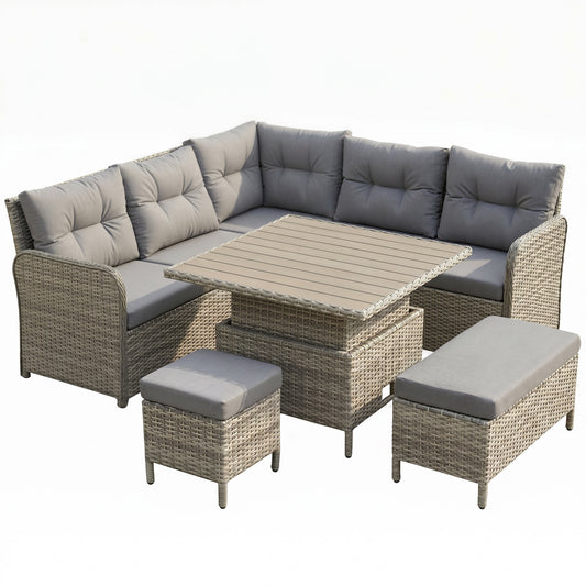 Outsunny 7 Seater Rattan Garden Furniture Set, 6 Piece Patio Dining Set with Liftable Coffee Table and Soft Padded Cushion, Wicker Sectional Conversation Corner Sofa, 123 x 55 x 84 cm, Light Grey