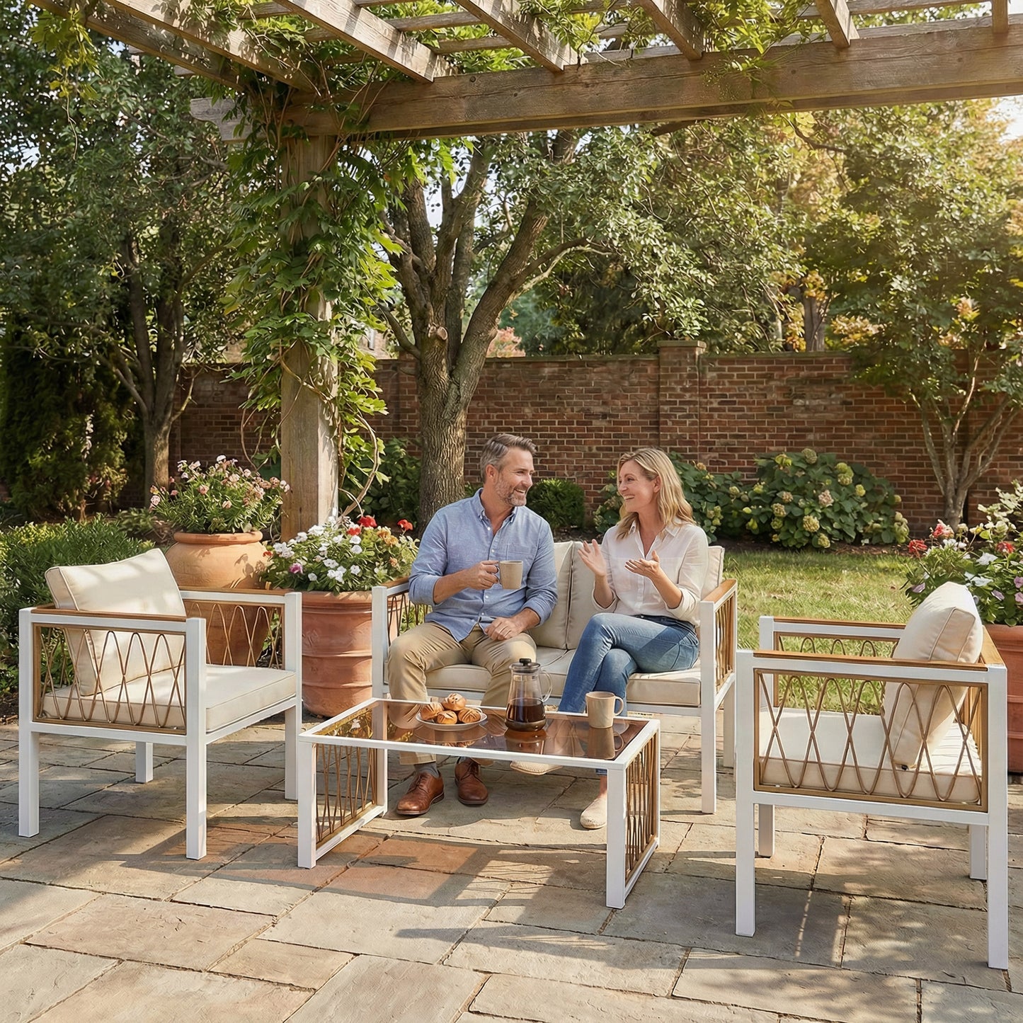 Outsunny 4 Piece Rattan Garden Furniture Set with Loveseat, 2 Armchairs, Cream White