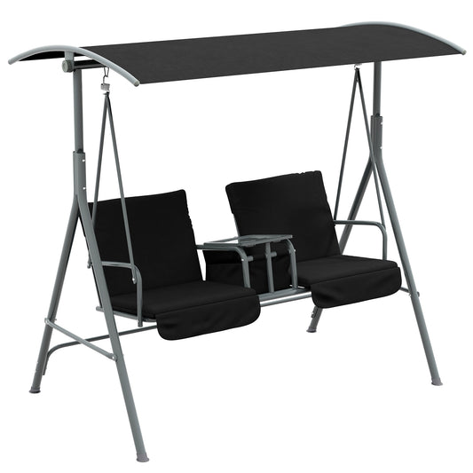 Outsunny 2 Seater Garden Swing Chair, Patio Swing Seat w/ Tilting Canopy, Double Padded Seats, Storage Bag and Tray For Garden Balcony Terrace Patio, Black