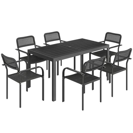 Outsunny Garden Dining Set for 6, Faux Wood Metal Outdoor Table and Stackable Chairs with Plastic Rattan Effect Seat, Black