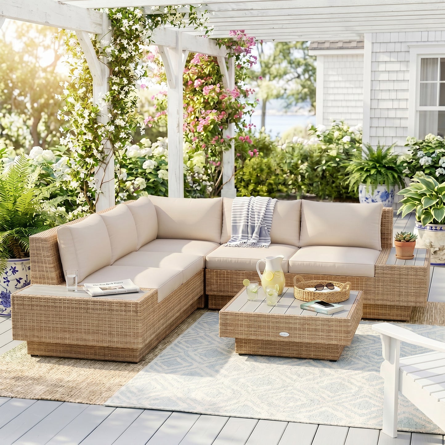 Outsunny 4 Pieces Rattan Garden Furniture Set, Garden Corner Sofa with Side Trays, Wicker Conservatory Furniture Set with Loveseats, Slatted Plastic Top Coffee Table and Cushions, Beige