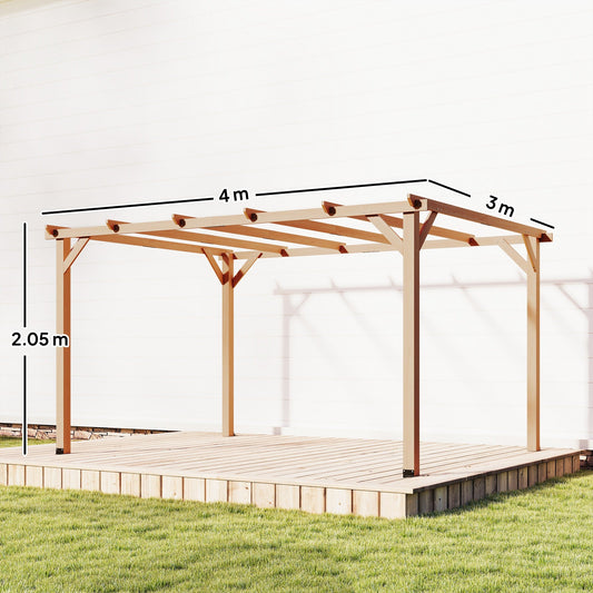 4 x 3 m Wooden Pergola Kit – Maple Wood-Effect, 6 Beams & Triangle Supports