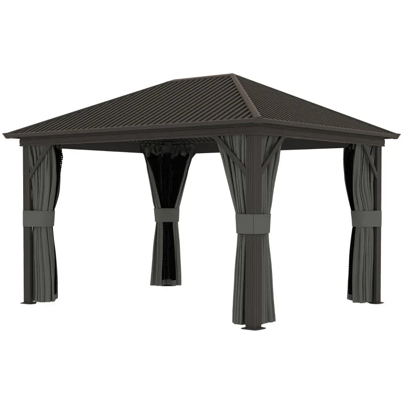 3.6m x 3m Dark Grey Hardtop Garden Gazebo with Aluminium Frame, Metal Roof, Privacy Curtains & Insect Mesh Panels