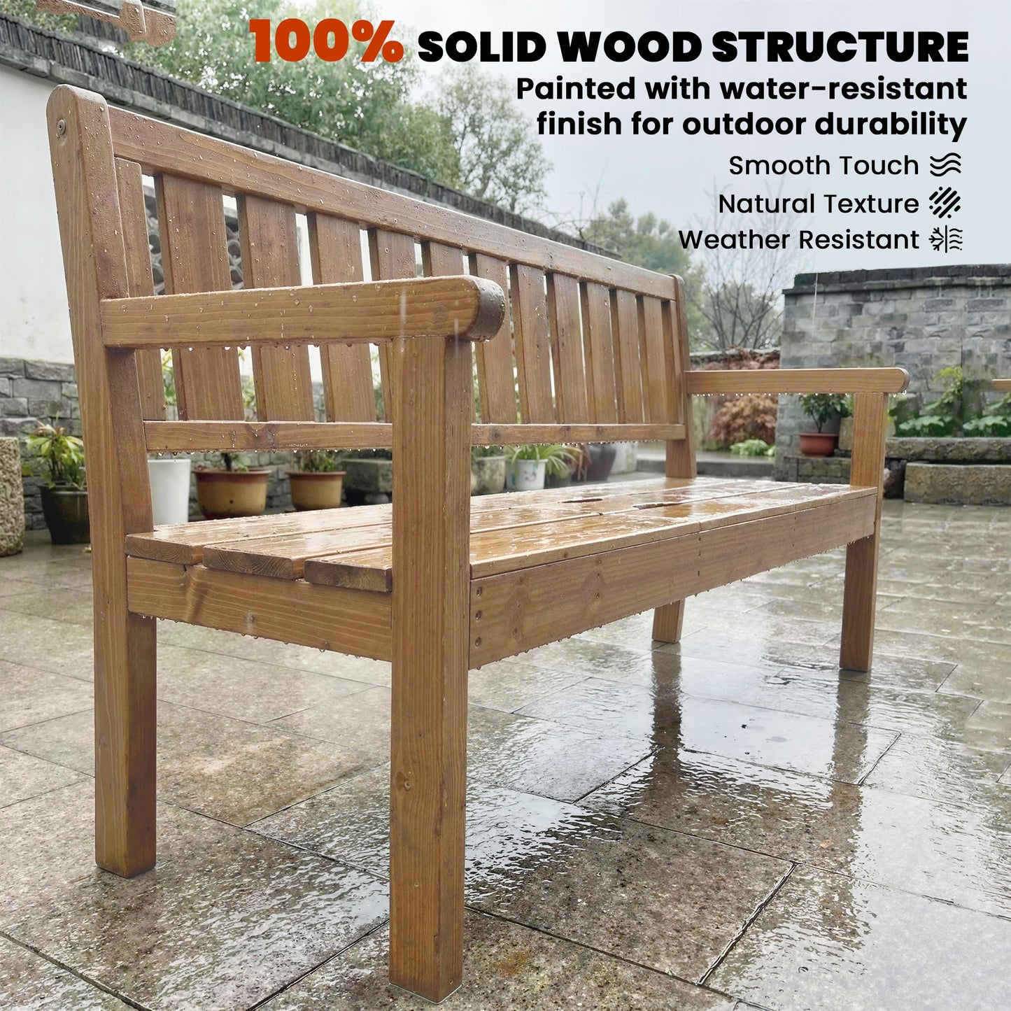 Outsunny Wooden Garden Bench with Liftable Table & Shelf, 2-3-Seater Outdoor Loveseat with Fir Wood Frame, Teak