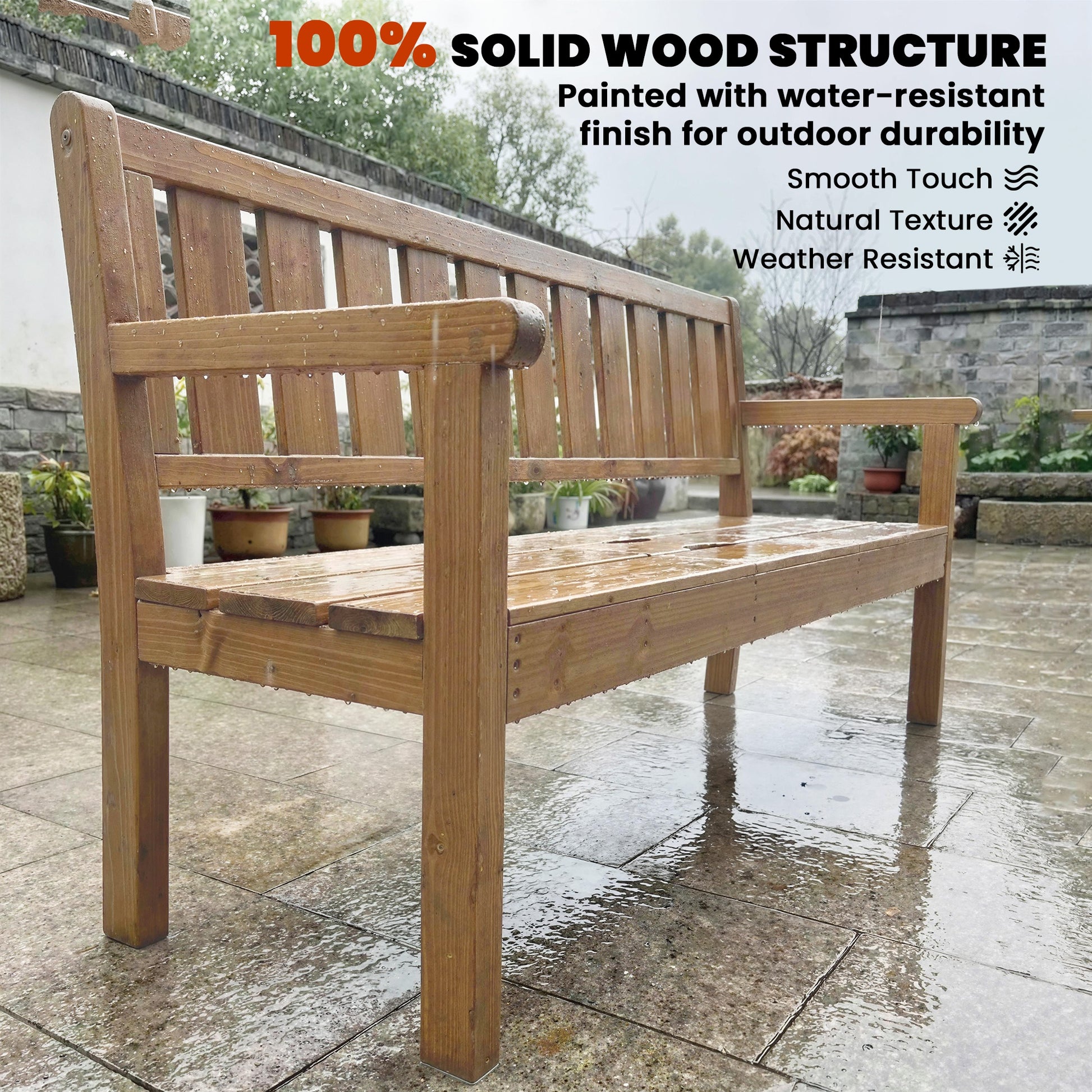 Outsunny Wooden Garden Bench with Liftable Table & Shelf, 2-3-Seater Outdoor Loveseat with Fir Wood Frame, Teak