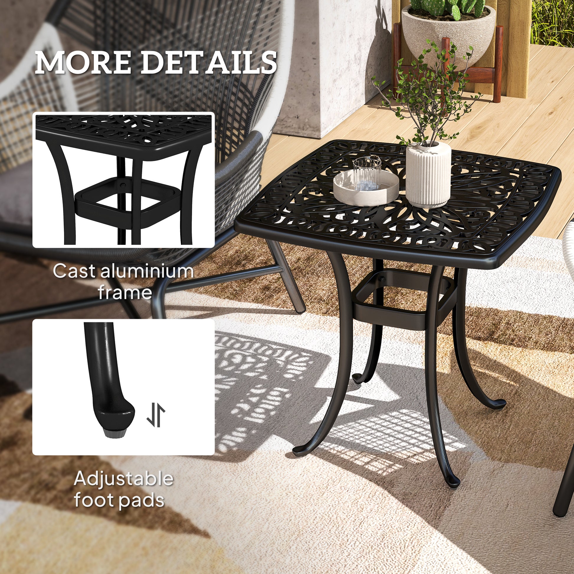 Outsunny Outdoor Garden Table, Cast Aluminium Patio End Table with Umbrella Hole and Anti-slip Foot Pads for Garden, Patio, Balcony, 54 x 54 cm, Black