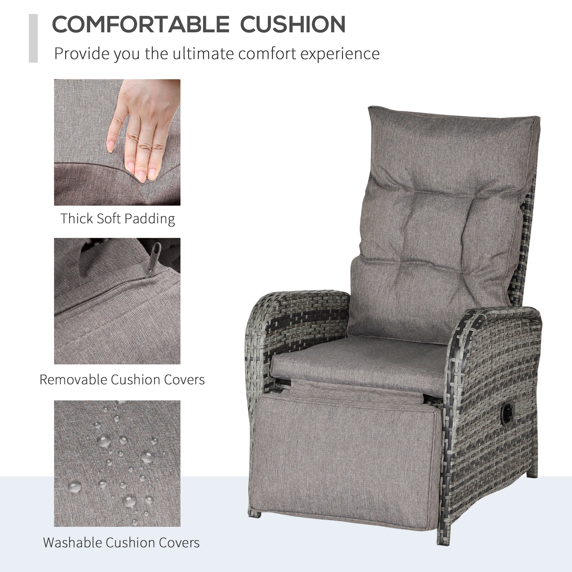 Outsunny 2 Seater Patio Wicker No installation Chaise Lounge Sofa Set with Fabric Cushion, Grey