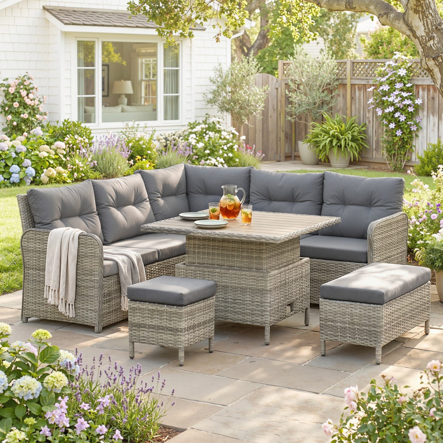 Outsunny 7 Seater Rattan Garden Furniture Set, 6 Piece Patio Dining Set with Liftable Coffee Table and Soft Padded Cushion, Wicker Sectional Conversation Corner Sofa, 123 x 55 x 84 cm, Grey
