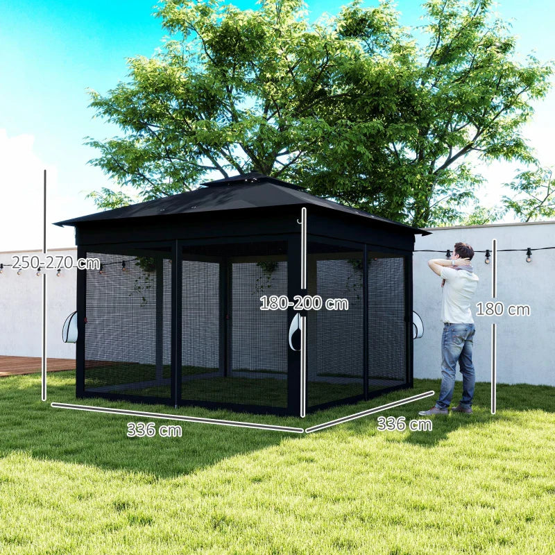 3m x 3m Pop Up Gazebo with Solar LED Lights – Black Outdoor Party Tent with Adjustable Height & Insect Netting