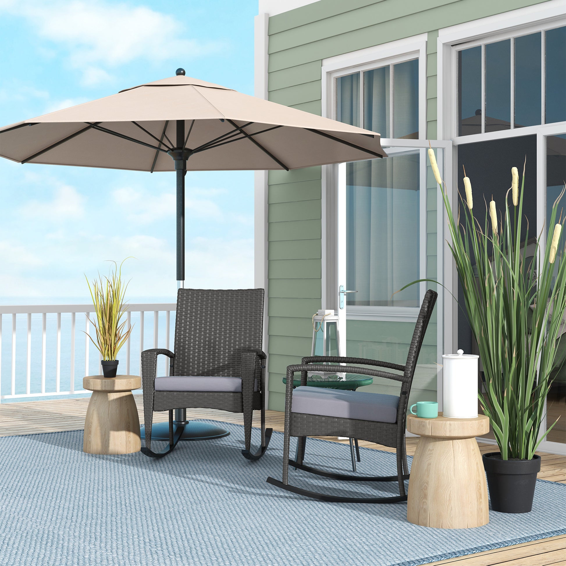 Mediterraneo Outdoor PE Rattan Rocking Chair Set of 2, Garden Rocking Chair Set with Armrest and Cushion, Grey