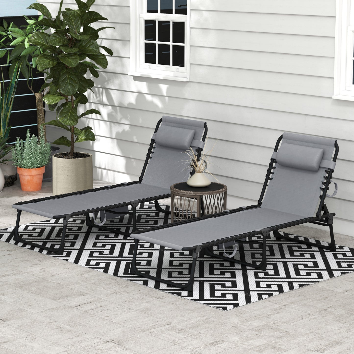 Portable Sun Lounger Set of 2, Folding Camping Bed Cot, Reclining Lounge Chair 5-position Adjustable Backrest with Side Pocket, Pillow for Patio