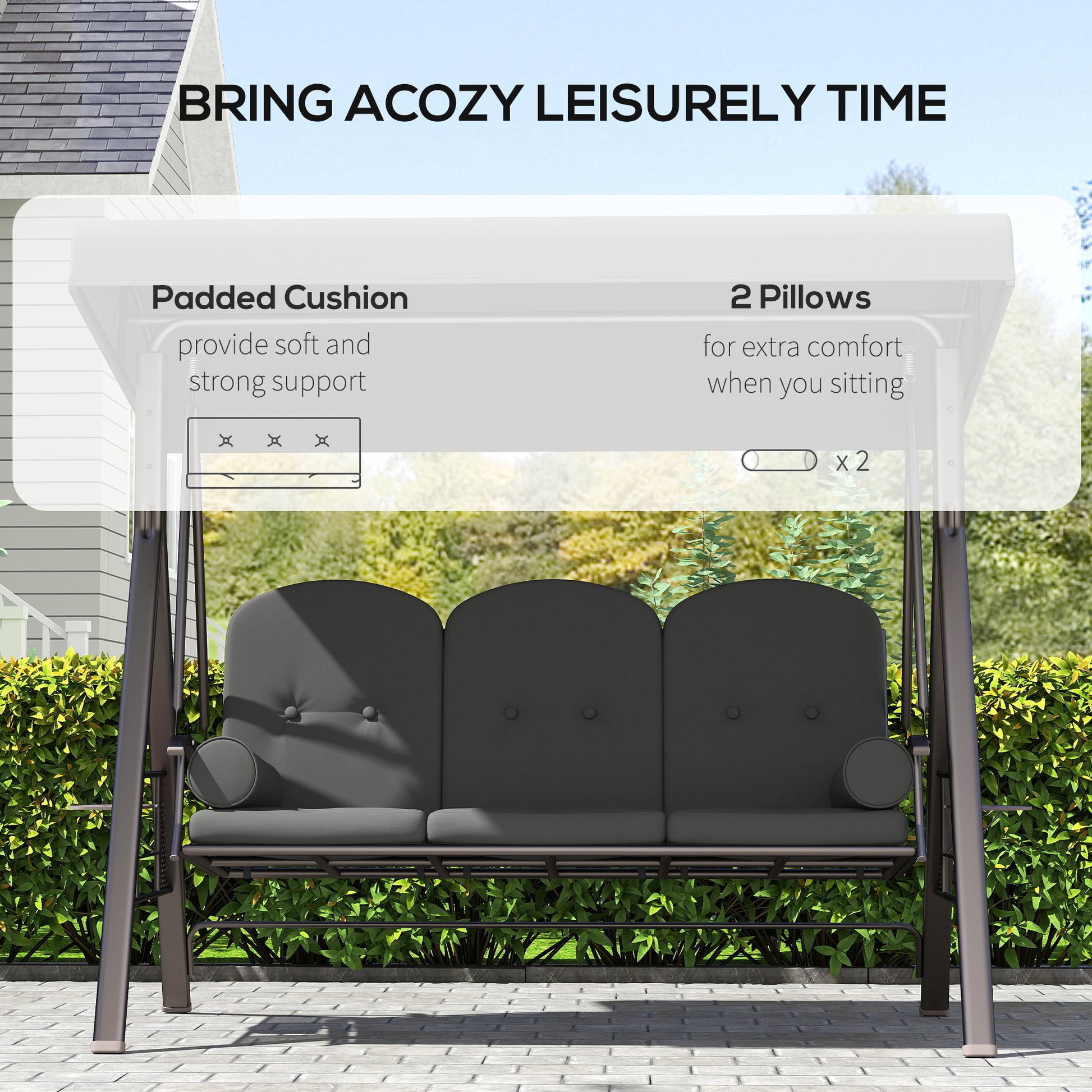 Outsunny 3 Seater Garden Swing Chair Outdoor Hammock Bench w/ Adjustable Canopy, Cushions and Cup Trays, Brown Steel Frame, Dark Grey Fabric