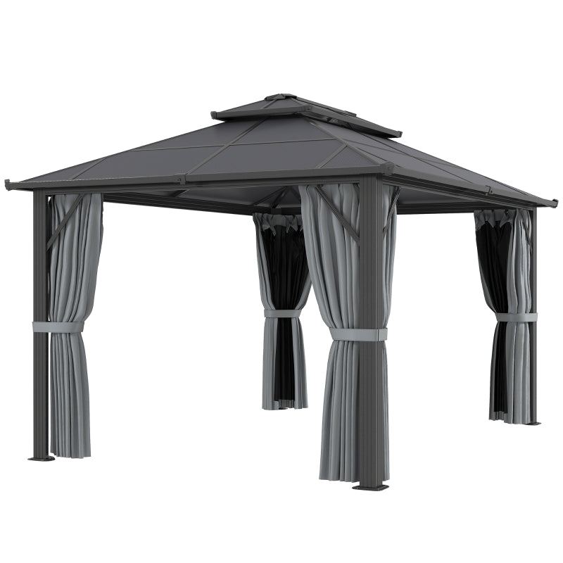 4m x 3m Grey Aluminium Hardtop Gazebo Pavilion – UPF30+ Polycarbonate Roof Outdoor Garden Shelter with Privacy Curtains & Insect Netting