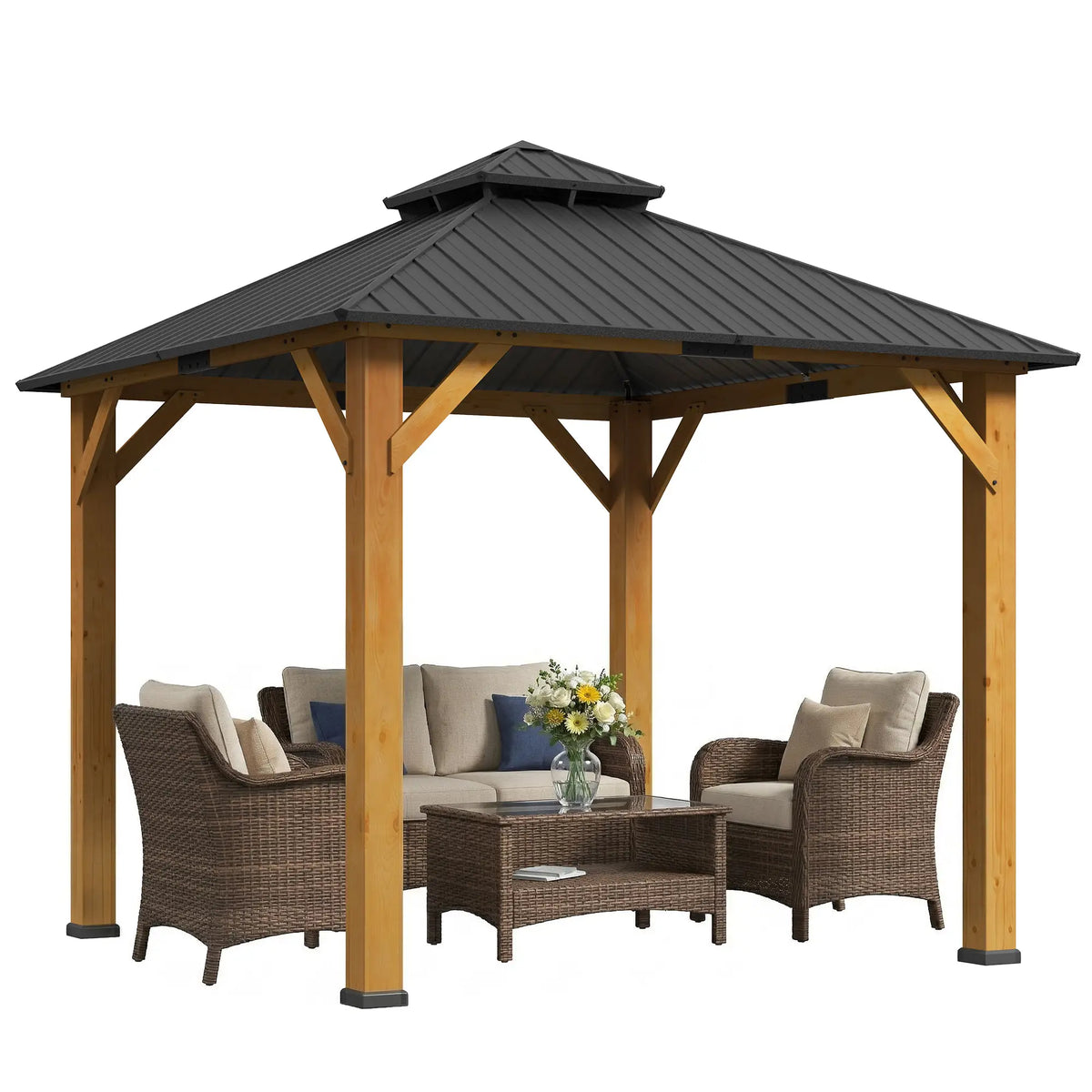 3m x 3m Wooden Frame Hardtop Gazebo with 2 – Tier Galvanised Steel Roof, Aluminium Posts & Grey Outdoor Patio Canopy Shelter
