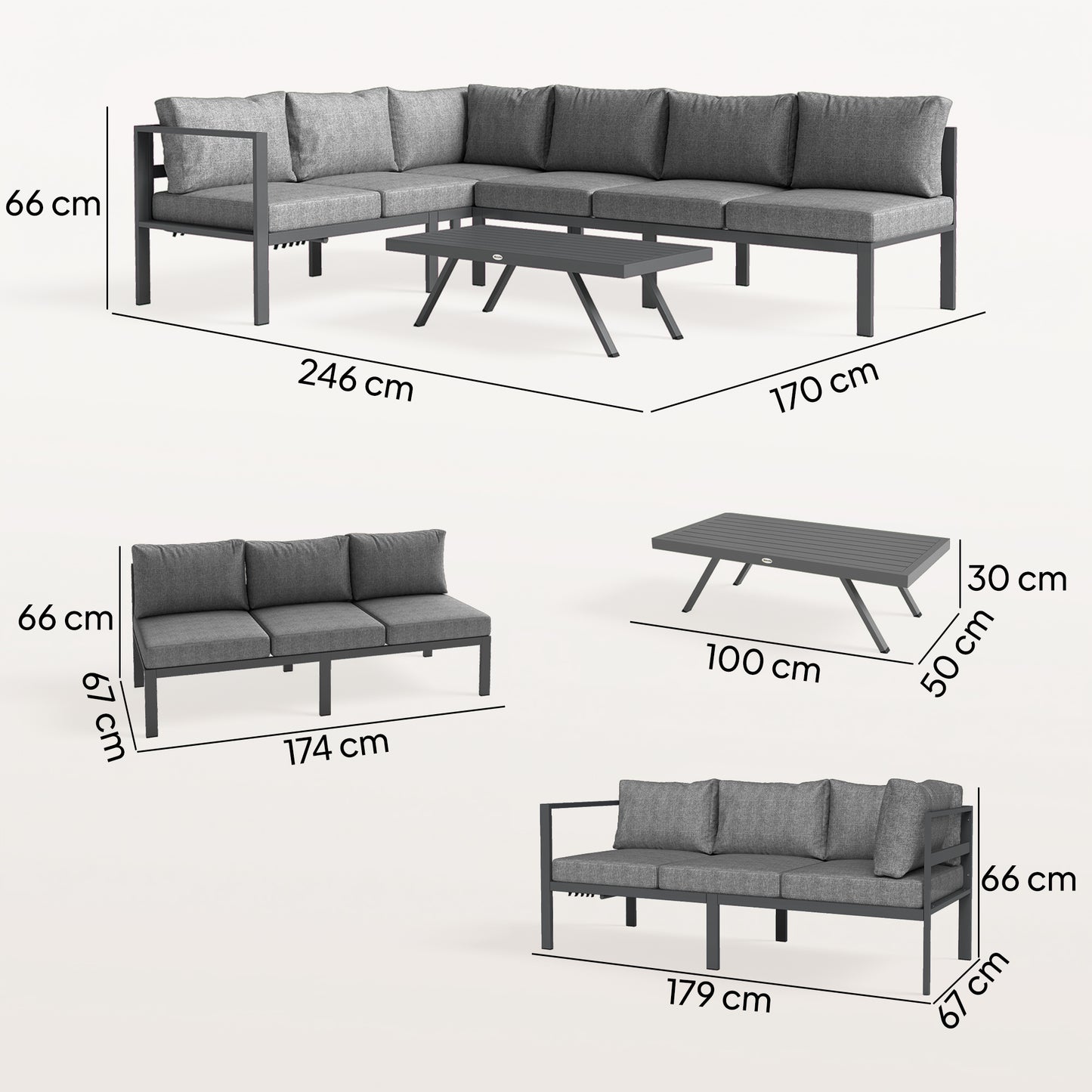 Outsunny 3 Pieces Garden Furniture Set, Aluminium Corner Lounge Set with Adjustable Backrest, Grey