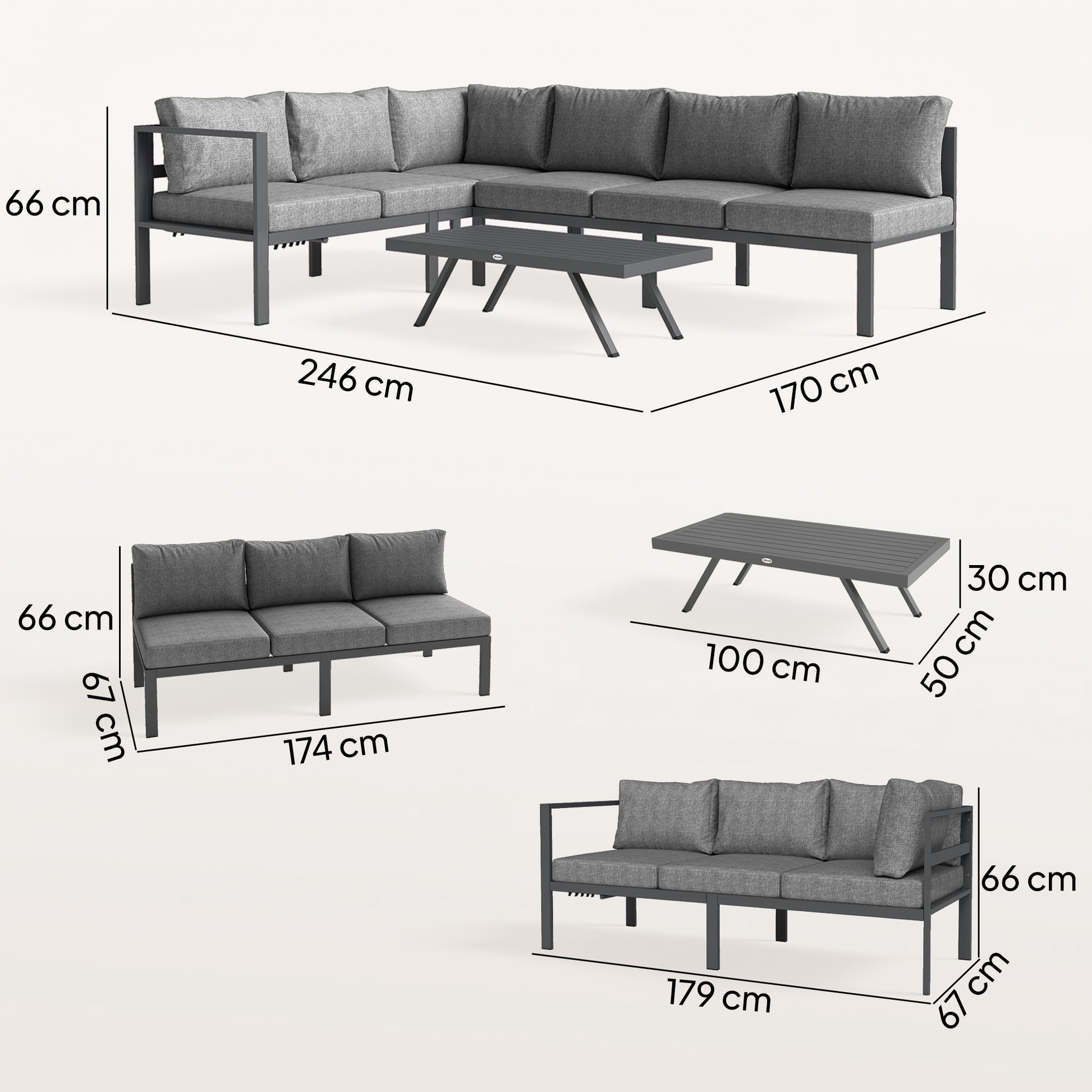 Outsunny 3 Pieces Garden Furniture Set, Aluminium Corner Lounge Set with Adjustable Backrest, Grey