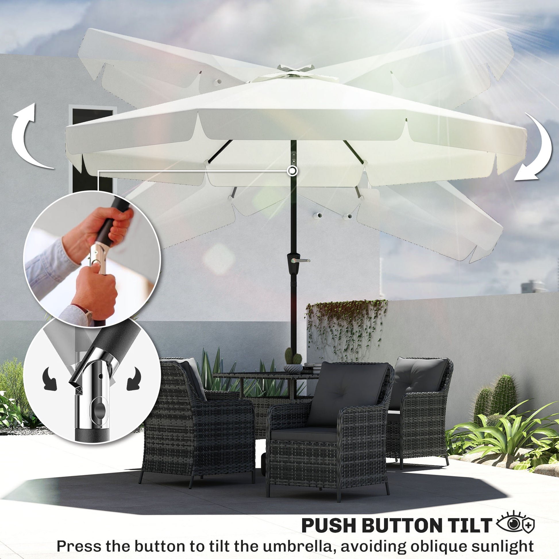 Outsunny 2.7m Patio Parasol Garden Umbrellas with Aluminium Pole, UPF 50+ Outdoor Sun Shade Table Umbrella with Tilt, Crank, 8 Ribs, Ruffles, White