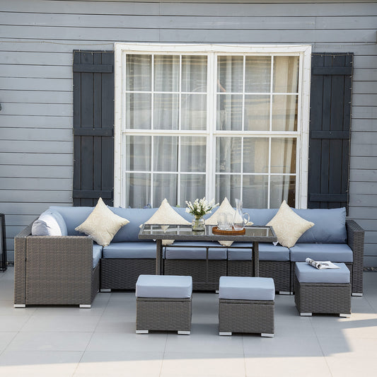 Verona 9-Seater Garden Rattan Furniture 10 Pcs Rattan Corner Dining Sofa Set, Grey/Dusty Blue Cushion