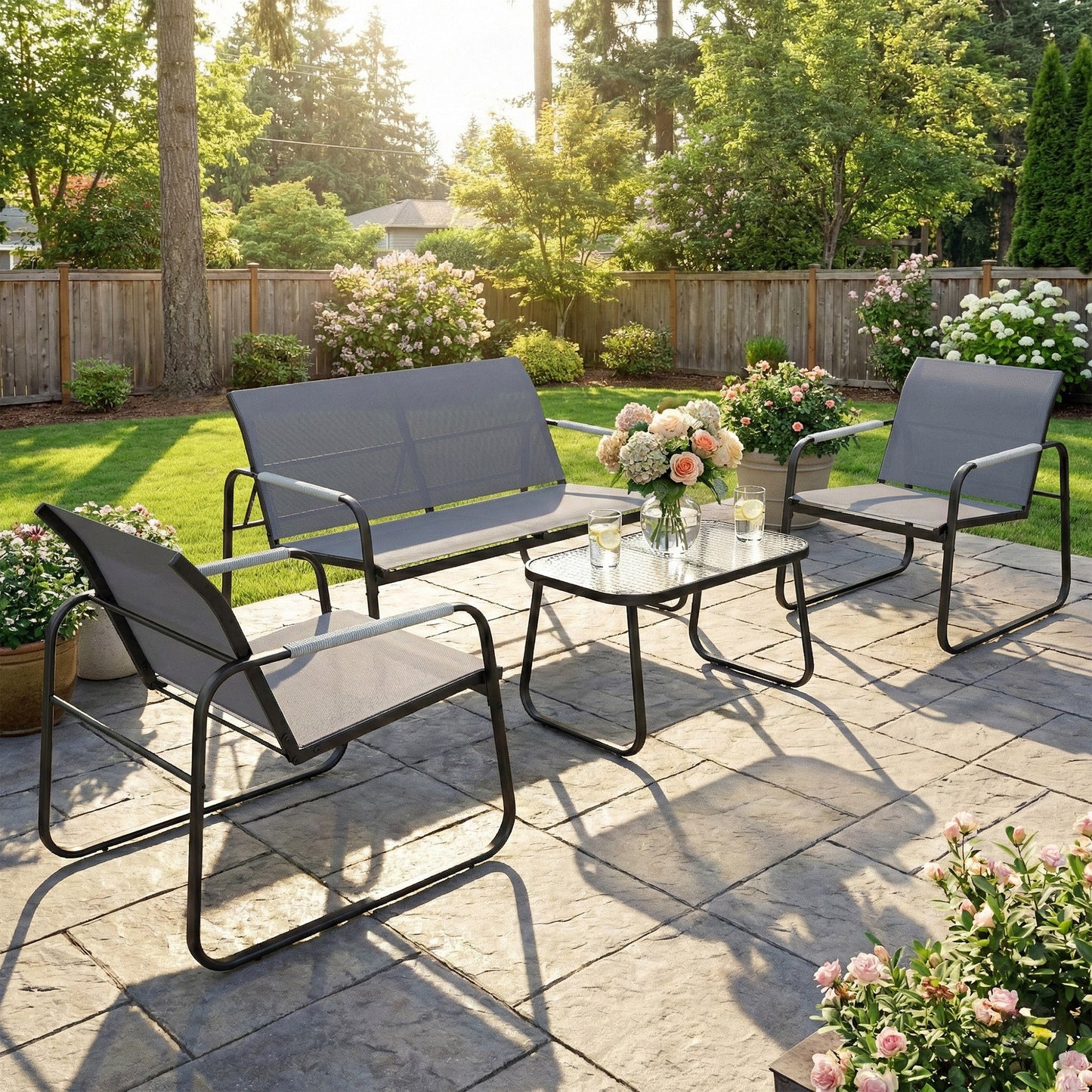Capri 4 Piece Garden Sofa Set with Loveseat, 2 Armchairs, Tempered Glass Table for Balcony, Grey