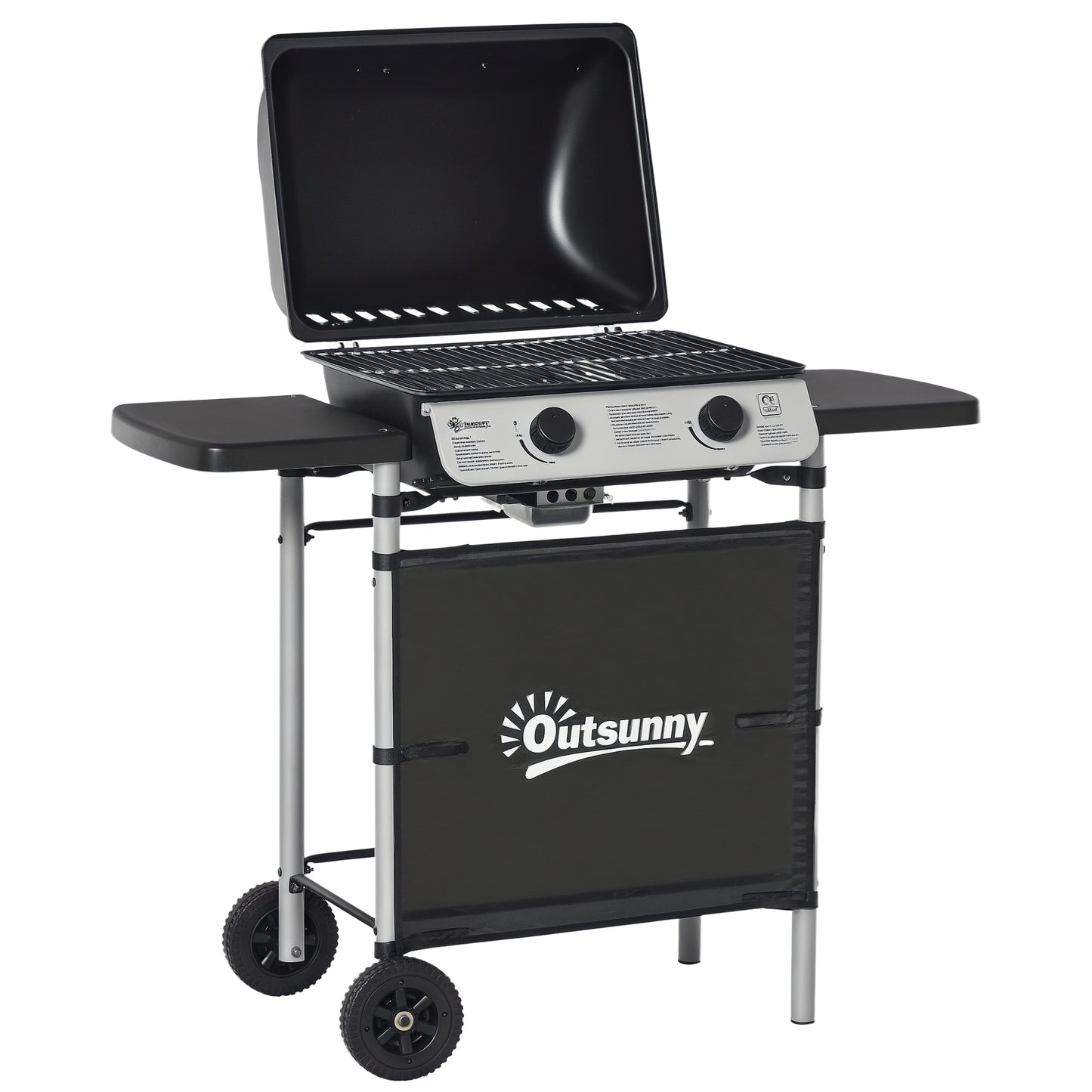 Outsunny 2 Burner Gas BBQ Trolley with Lid, 5.6 kW Gas Barbecue Grill with Wheels, Side Shelves for Home Patio Garden Party Outdoor Cooking, Black