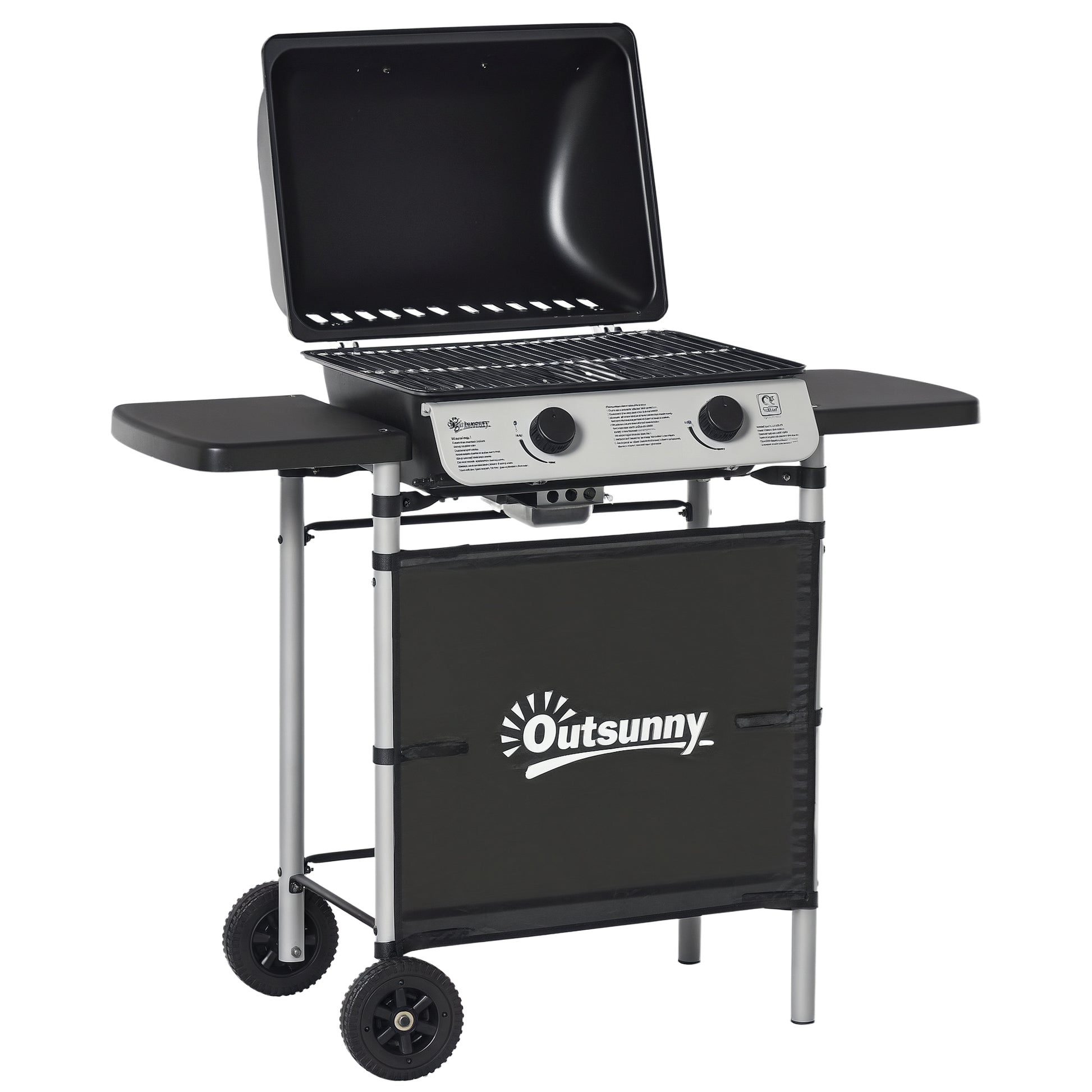 Outsunny 2 Burner Gas BBQ Trolley with Lid, 5.6 kW Gas Barbecue Grill with Wheels, Side Shelves for Home Patio Garden Party Outdoor Cooking, Black